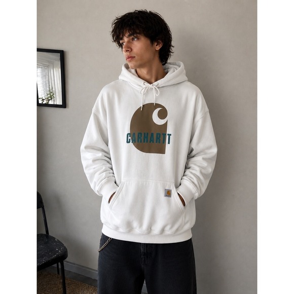 Carhartt Other - CARHARTT Hoodie Graphic Logo Streetwear Mens 2XL Tall White Loose Fit Sweatshirt